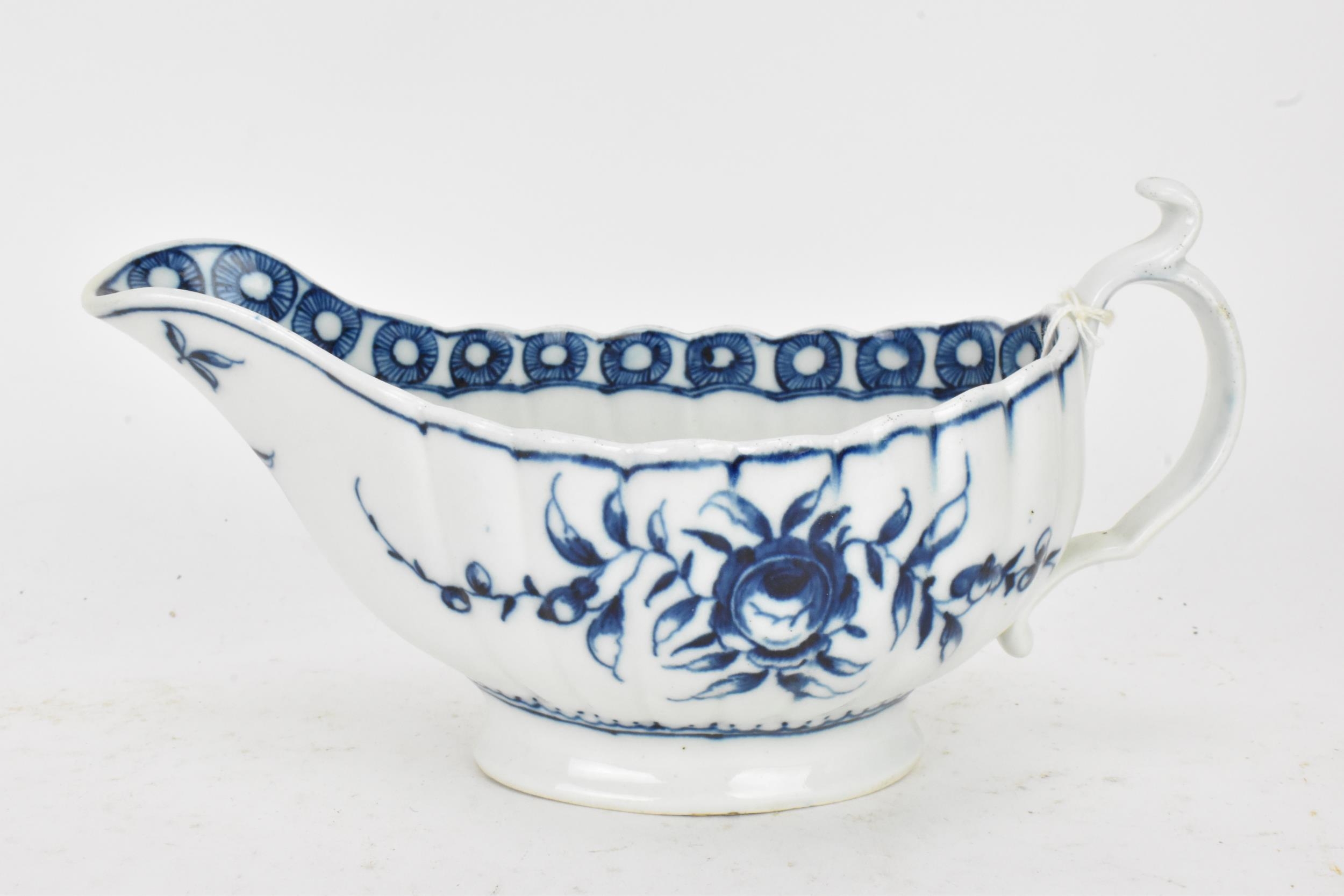 An 18th century Worcester porcelain blue and white sauce boat, circa 1770-80, moulded fluted form - Image 2 of 4