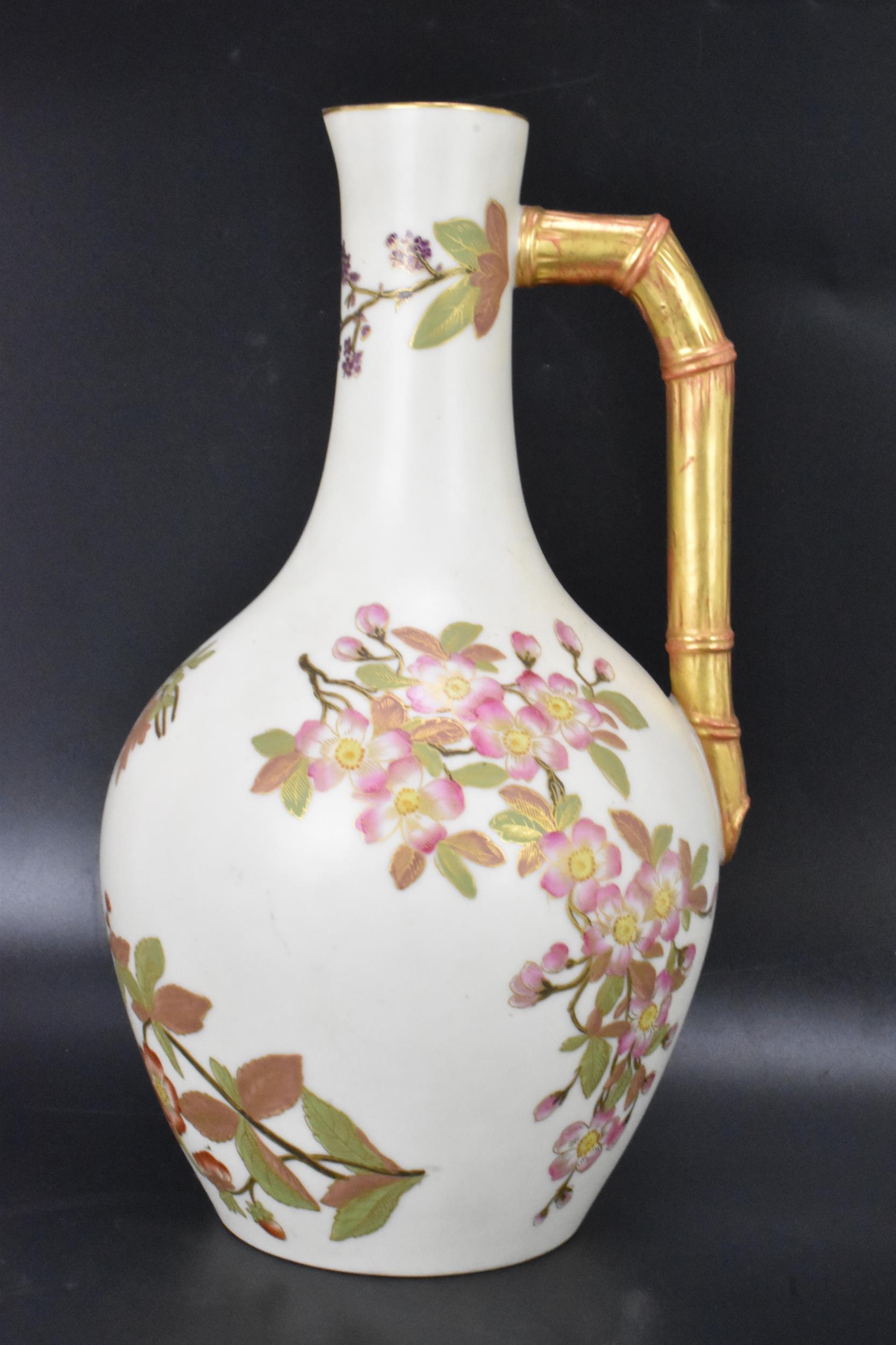 A late 19th century Royal Worcester blush ivory jug, date mark for 1888, shouldered form with bamboo