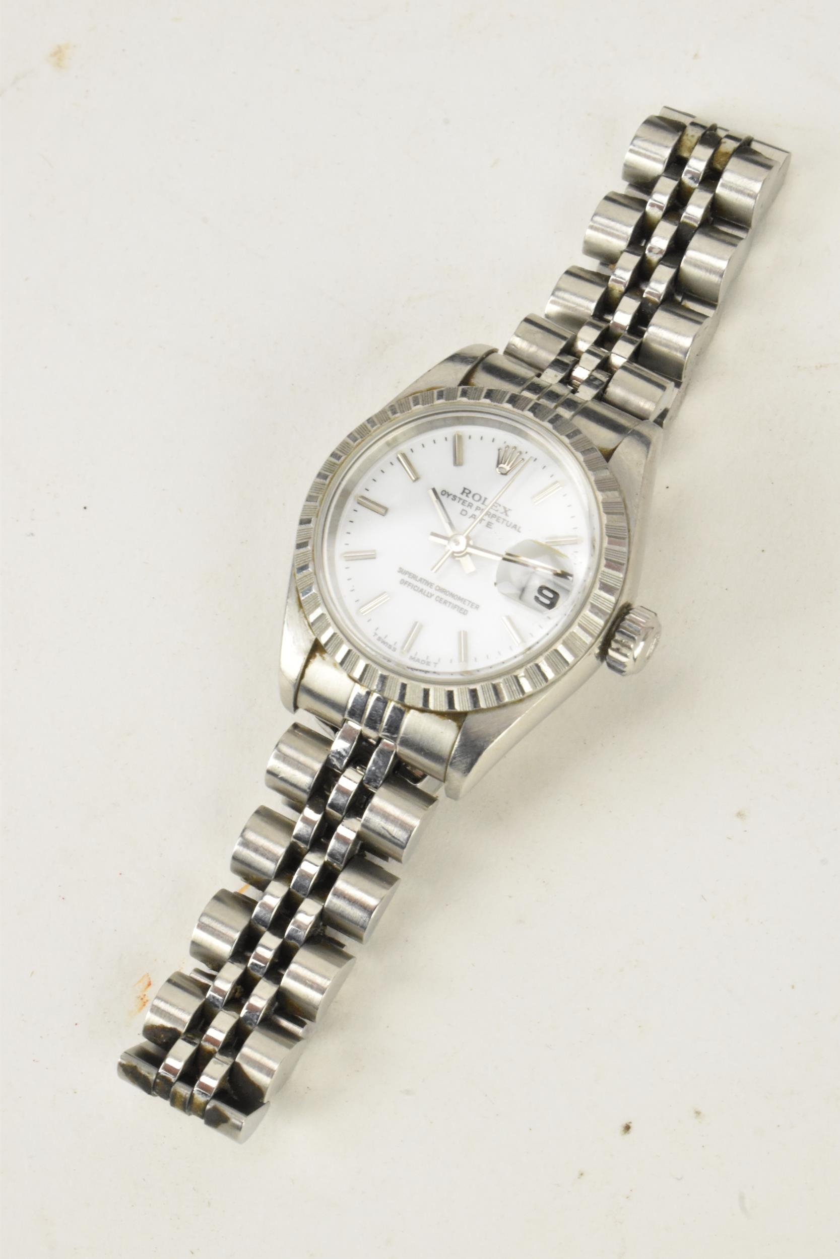 A Rolex Oyster Perpetual Date, automatic, ladies, stainless steel wristwatch, having a white dial, - Image 2 of 9