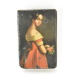 A 19th century black papier mache snuff box, the the hinged cover painted with a three quarter