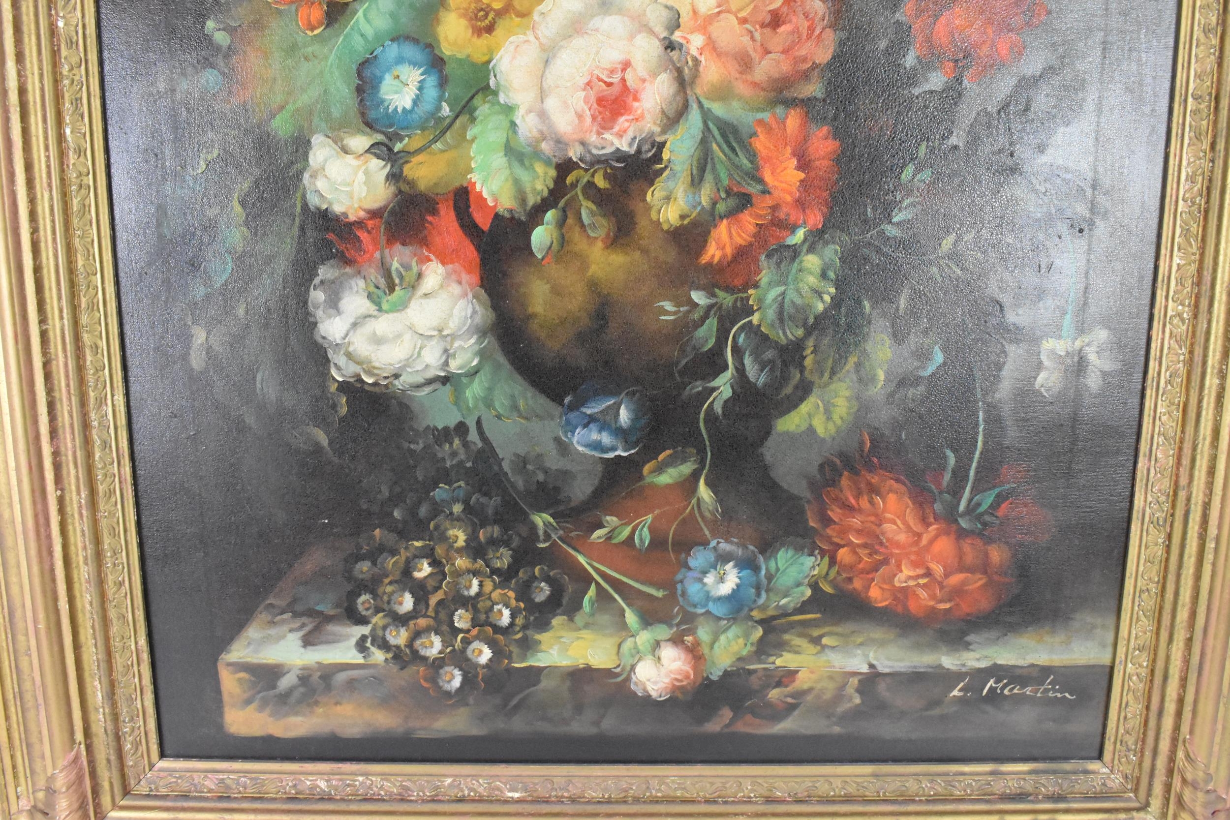 L. Martin - A 20th century oil on canvas depicting a still life study of roses, grapes and peaches - Image 5 of 6