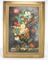 L. Martin - A 20th century oil on canvas depicting a still life study of roses, grapes and peaches