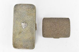 An early 20th century shagreen cigarette case having a gilded interior, 8.5cm x 6.5cm, together with