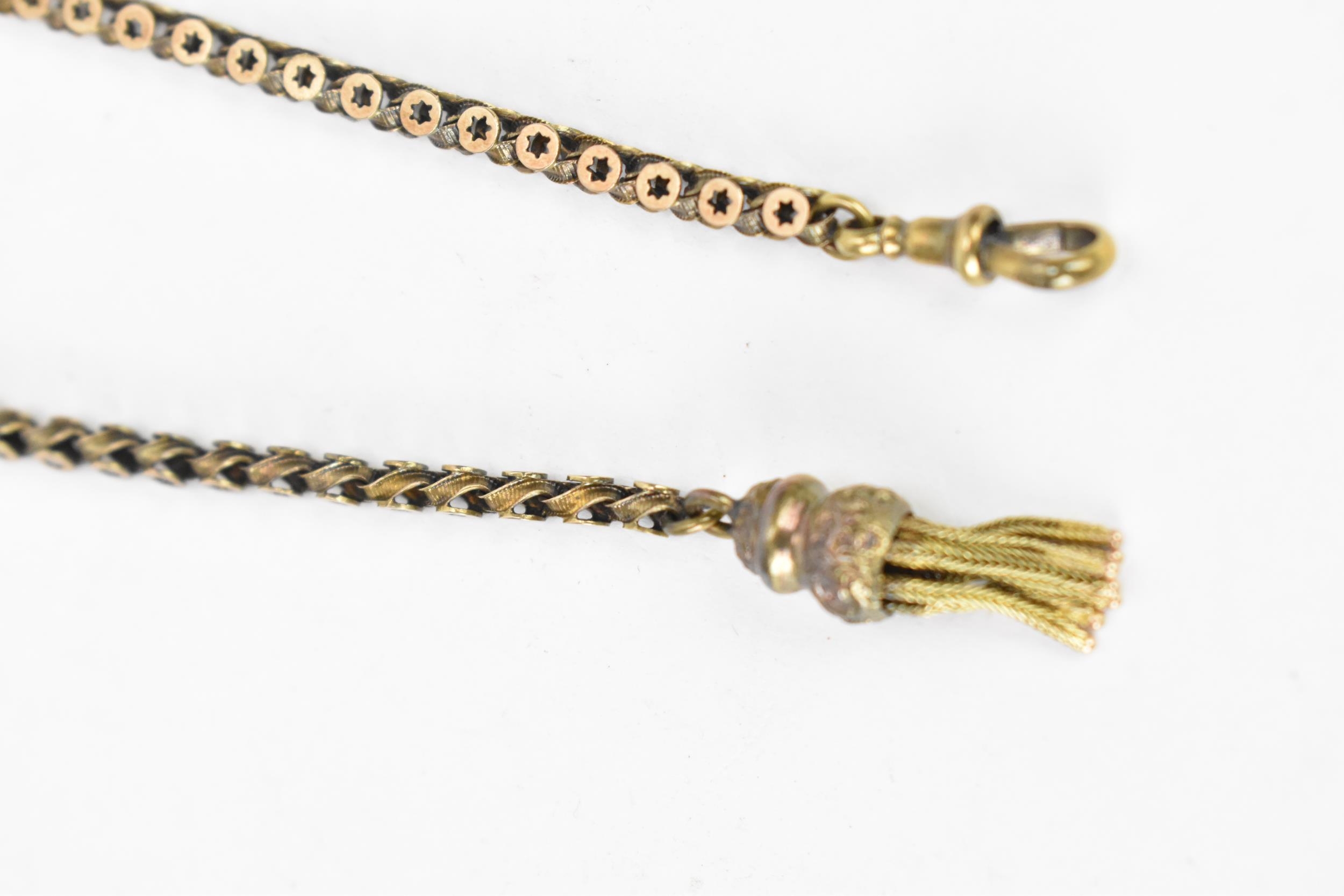 A Victorian yellow metal Albertina pocket watch chain having a fancy tassel charm and a 15ct gold - Image 2 of 4
