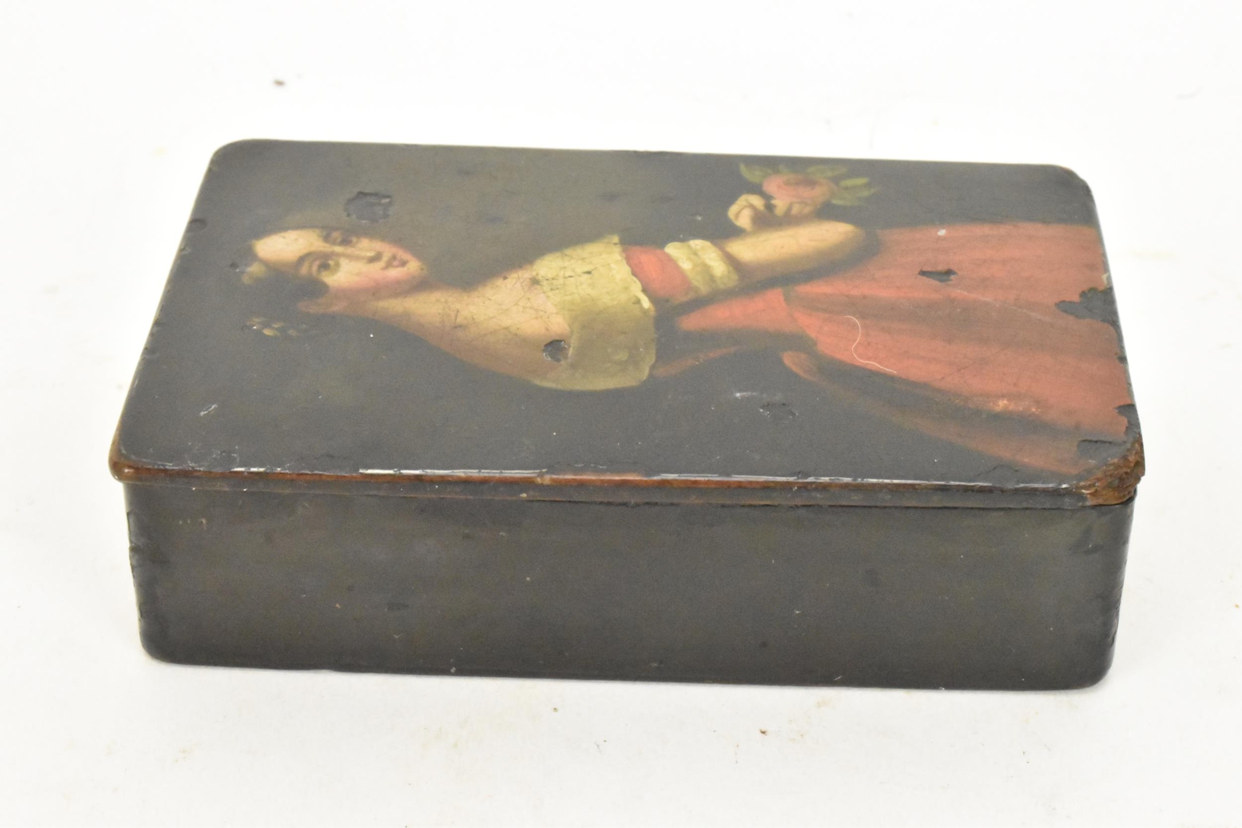 A 19th century black papier mache snuff box, the the hinged cover painted with a three quarter - Image 4 of 7