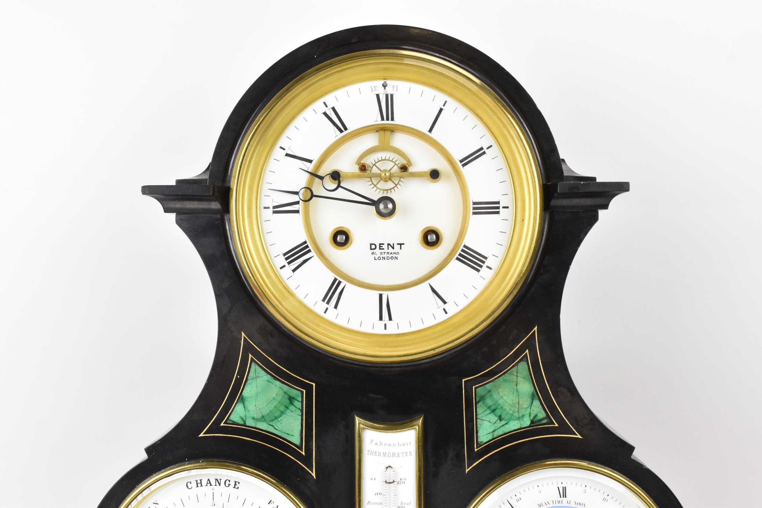 A Victorian black slate perpetual calendar clock, the circular enamel Roman dial having a visible - Image 2 of 12