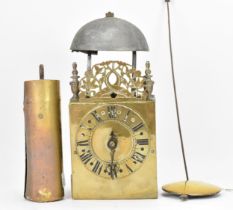 A circa 1700 and later brass lantern clock, having a 4.5" dial with single hand, pierced fret, steel