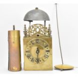 A circa 1700 and later brass lantern clock, having a 4.5" dial with single hand, pierced fret, steel