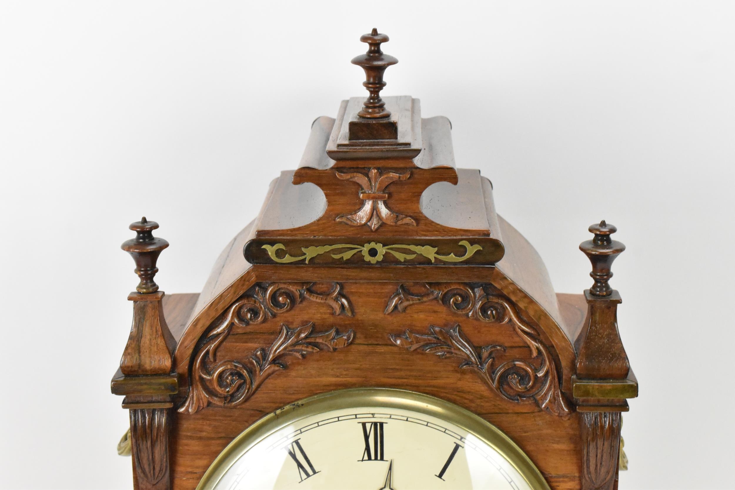 A William IV rosewood bracket clock, the case having three turned finials, applied floral scroll - Image 2 of 9