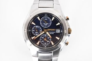 A Seiko chronograph, quartz, gents, stainless steel wristwatch, having a black dial, luminous