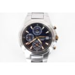 A Seiko chronograph, quartz, gents, stainless steel wristwatch, having a black dial, luminous