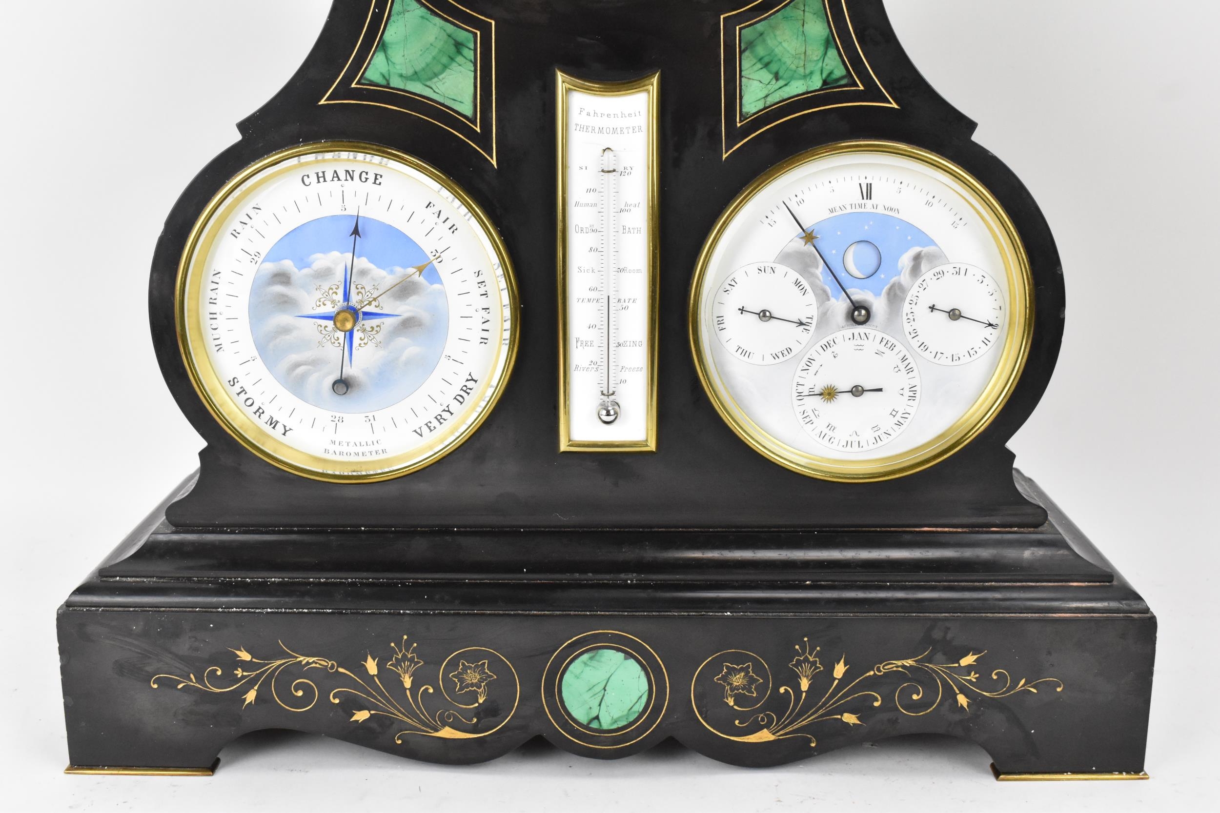 A Victorian black slate perpetual calendar clock, the circular enamel Roman dial having a visible - Image 3 of 12