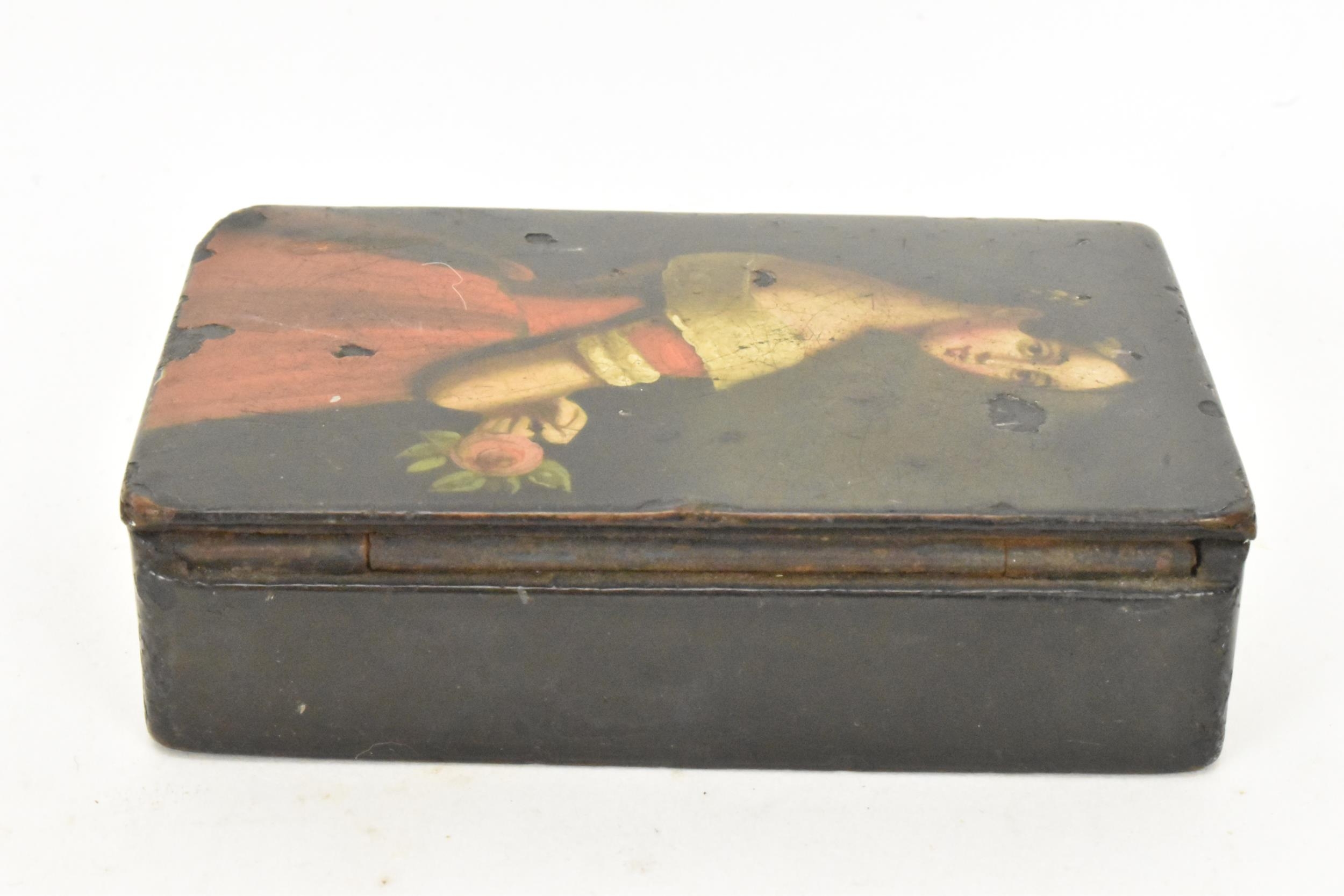 A 19th century black papier mache snuff box, the the hinged cover painted with a three quarter - Image 2 of 7