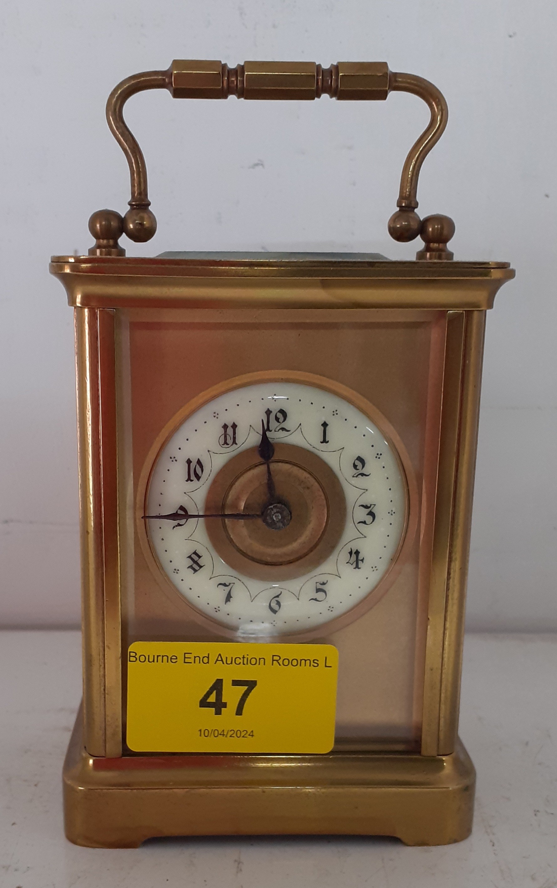 A 5 window brass framed carriage clock with partial enamelled dial, no key Location: 1:1