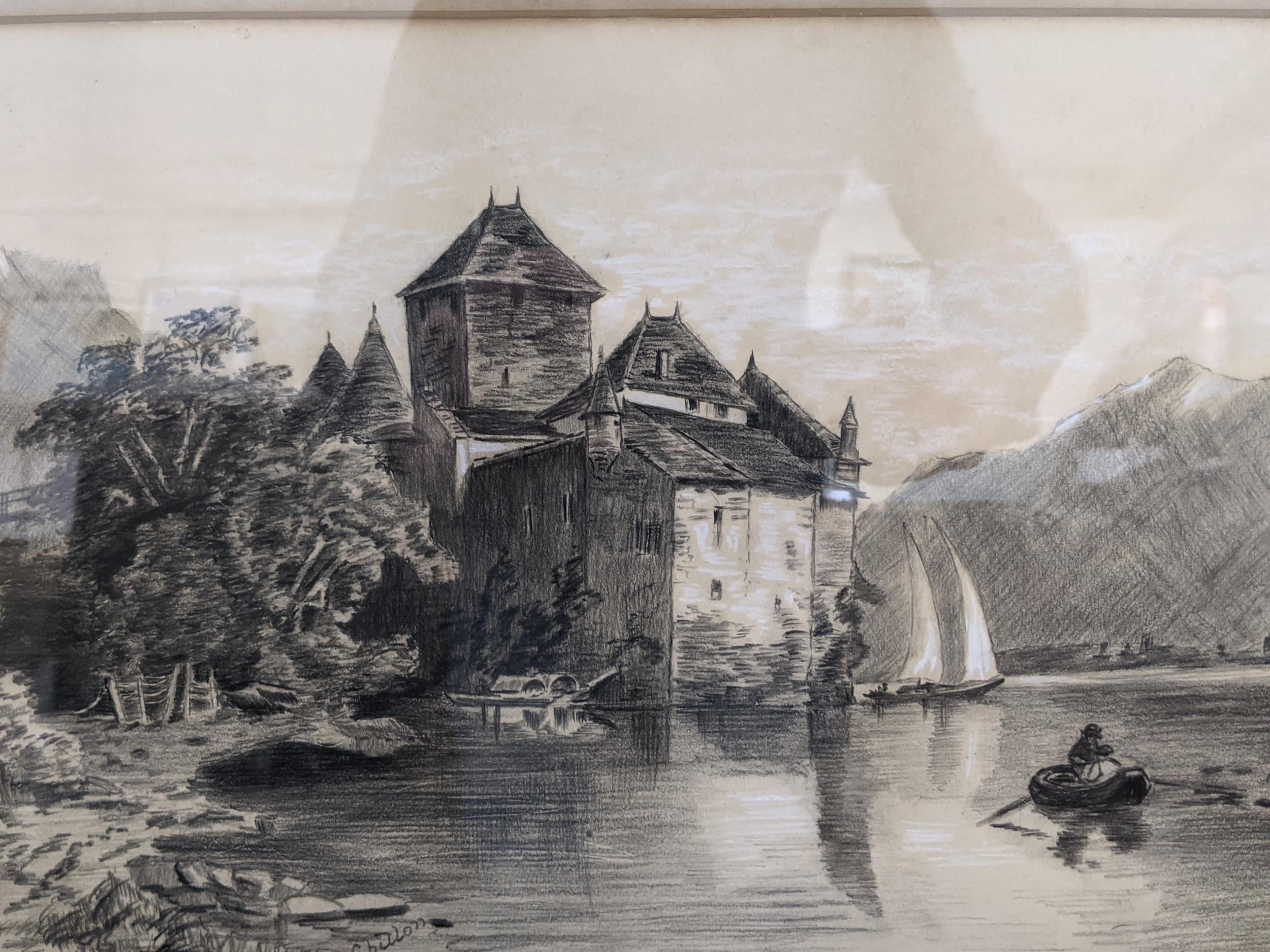 Three pencil drawings, one of Conway castle, one of Chillon Castle in Veytaux - Switzerland and - Image 5 of 8