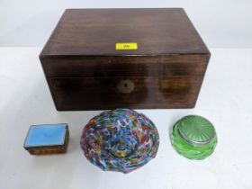 A rosewood Victorian work box with inlaid brass stringing and petal shaped cartouche, fitted tray
