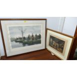 After George Moorland, stable scene and a Victorian fishing match scene prints framed and glazed