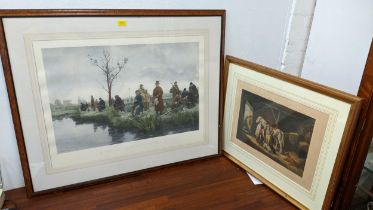 After George Moorland, stable scene and a Victorian fishing match scene prints framed and glazed