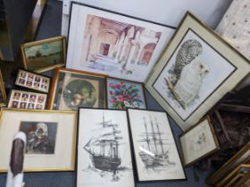 A large quantity of framed and glazed prints and embroideries to include three 19th century coloured