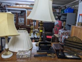 Table lamps and desk top items to include a Mexican white metal and mother of pearl cigarette box,