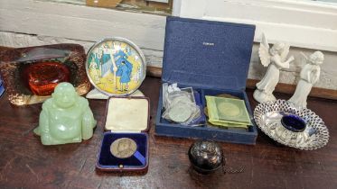 Collectables, coins, Chinese Buddha, silver plate, and a Westclox Scotland clock Location: