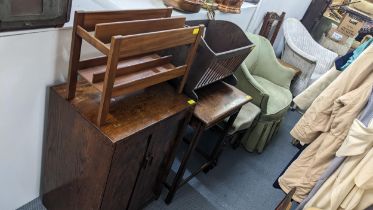 Mixed furniture to include a Victorian balloon back chair, Lloyd Loom chair, oak two door cabinet