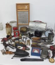 Mixed vintage household items to include a cast iron vintage Thermos lunch box and other items