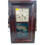 An American walnut cased wall clock having a painted glass pictorial door of a church by a river