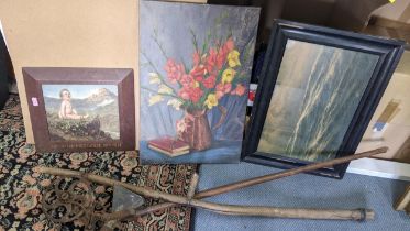 A mixed lot to include a gardening seed drill, a Ralph Peacock print in an oak frame and other items