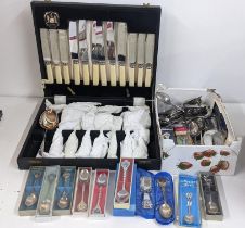 A canteen of Sheffield silver plated cutlery together with boxed souvenir spoons and loose cutlery