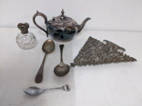 Silver and silver plate to include a Hemp Brothers, Bristol cut glass dressing table bottle with