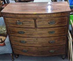 A Victorian inlaid mahogany bow front chest of five drawers, on turned feet A/F, 116.5cm h x 116.5cm