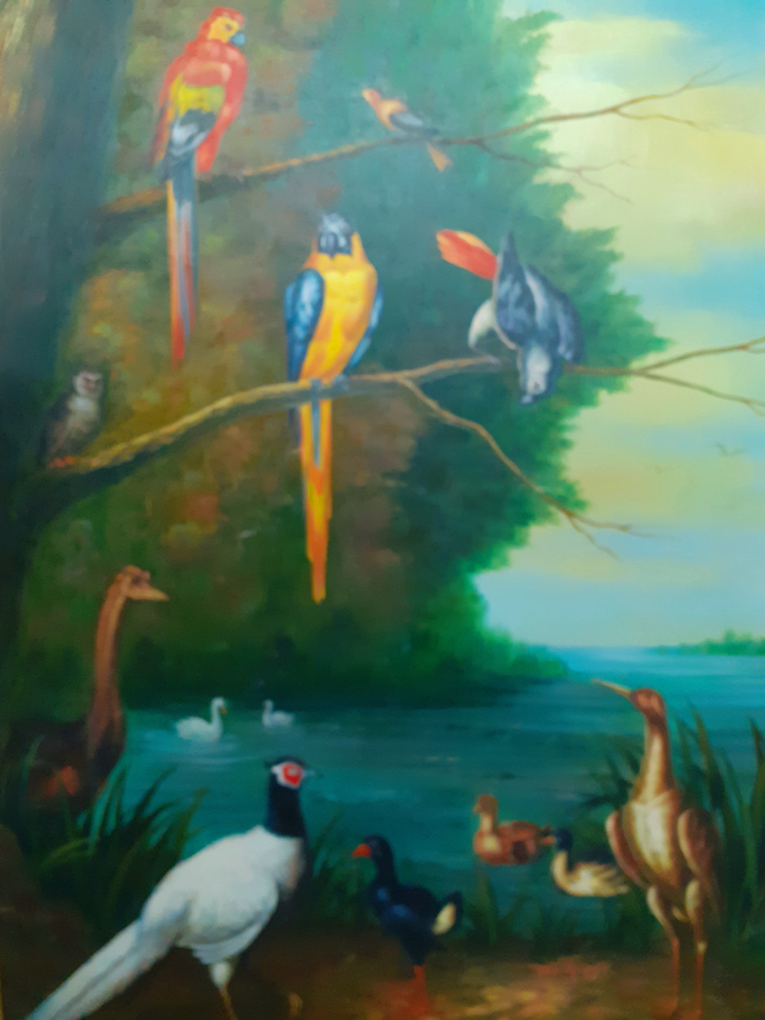 Van Reuron - An oil on canvas 59x89cm, exotic birds on pond and tree to include parrots and ducks, - Image 2 of 3