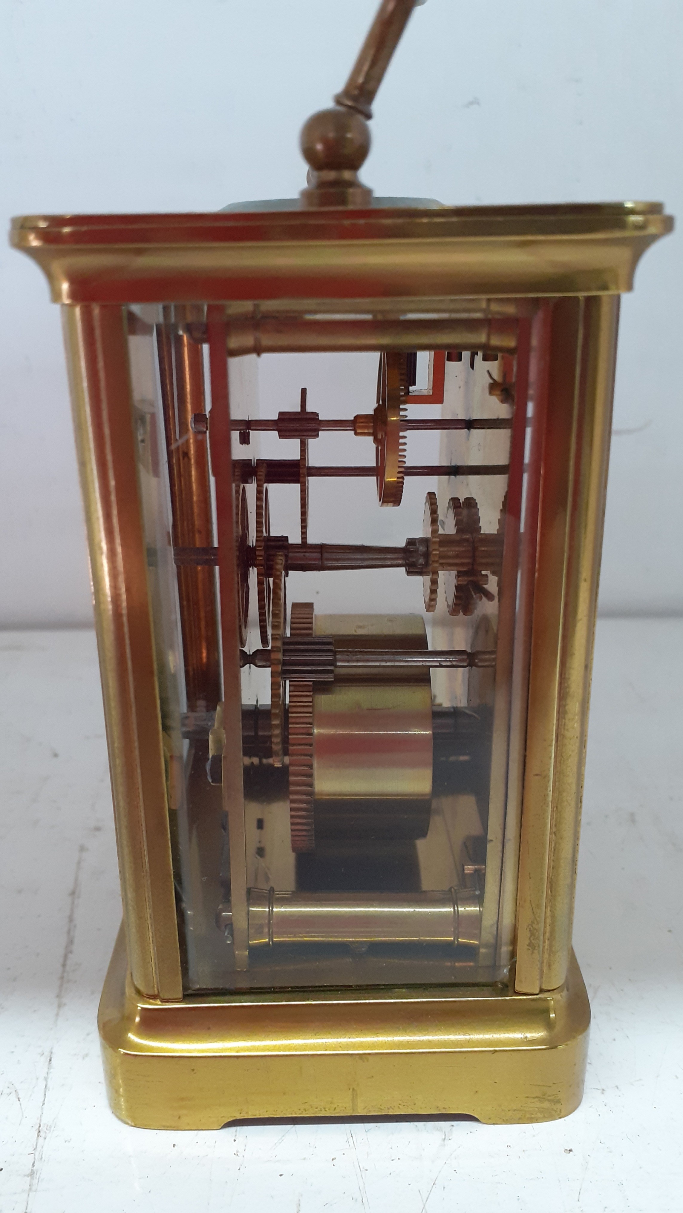 A 5 window brass framed carriage clock with partial enamelled dial, no key Location: 1:1 - Image 2 of 3