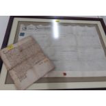 A framed 17th century indenture and a 1649 will originally belonging to John Walker of Lupton.
