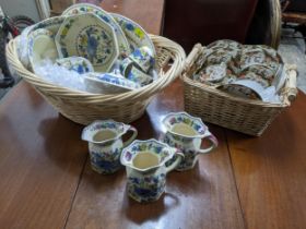 A basket of Masons Regency/Colonial table ceramics to include three jugs, octagonal bowl, meat