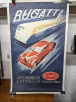 A 1980s reproduction of a Bugatti advertising poster limited edition, bears the signatures R Geri,