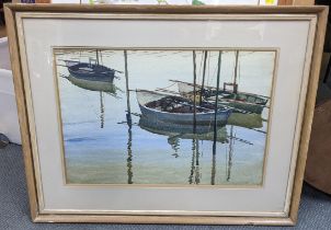 Bernard Parker - a watercolour depicting moored fishing boats, 55.5cm x 38cm framed Location: