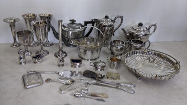 Mixed silver plate to include goblets, four piece tea service, snuff box, cutlery and other items