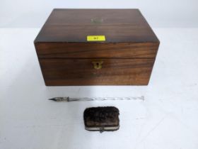A mid Victorian writing slope with single inkwell in a fitted interior 13cm x 26cm x 21cm, glass dip