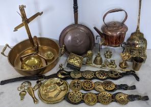 A selection of Victorian and later brass and copperware to include a skimmer, trivet stand,