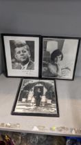 Three black and white photographs depicting John and Jacqueline Kennedy, two with facsimile