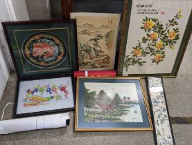 Asian pictures to include an embroidered panel, watercolours and prints Location: