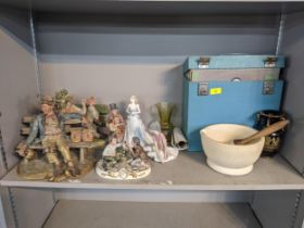 A mixed lot to include Capodimonte, a pestle and mortar, easy listening records and other items