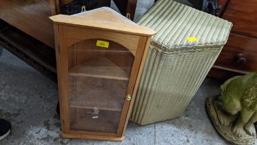 Mixed small furniture to include two glazed wall hanging display cabinets, light wood wall hanging