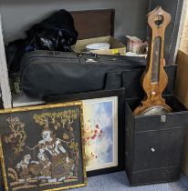 A mixed lot to include a cased violin, framed pictures, coins, china and other items