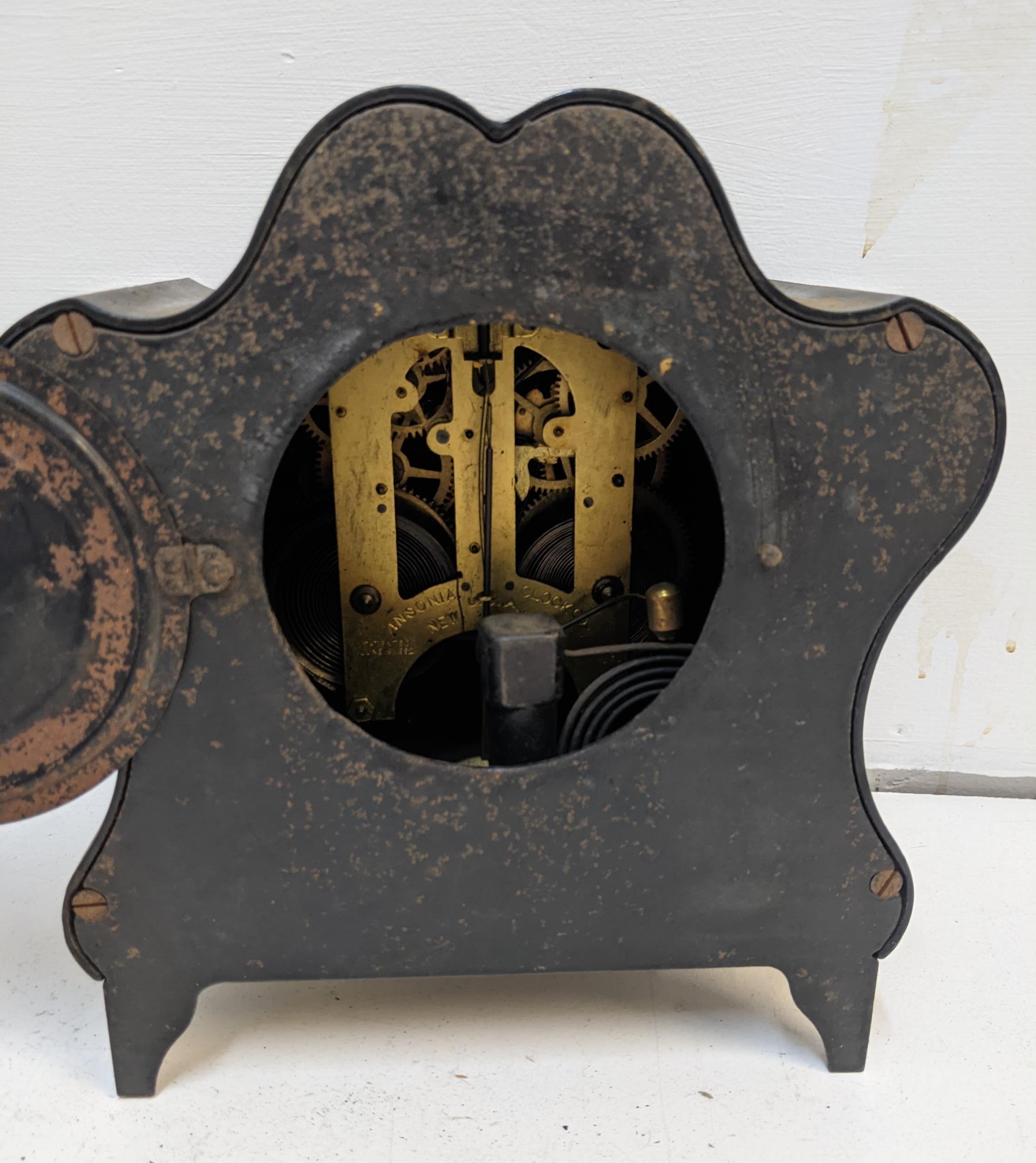 A late 19th century American black painted metal cased Ansonic mantle clock Location: - Image 2 of 3