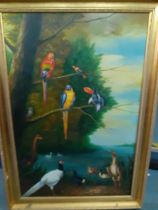 Van Reuron - An oil on canvas 59x89cm, exotic birds on pond and tree to include parrots and ducks,