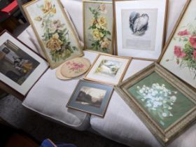 A mixed group of engravings, prints and paintings to include Lindley Searle still life of primroses,