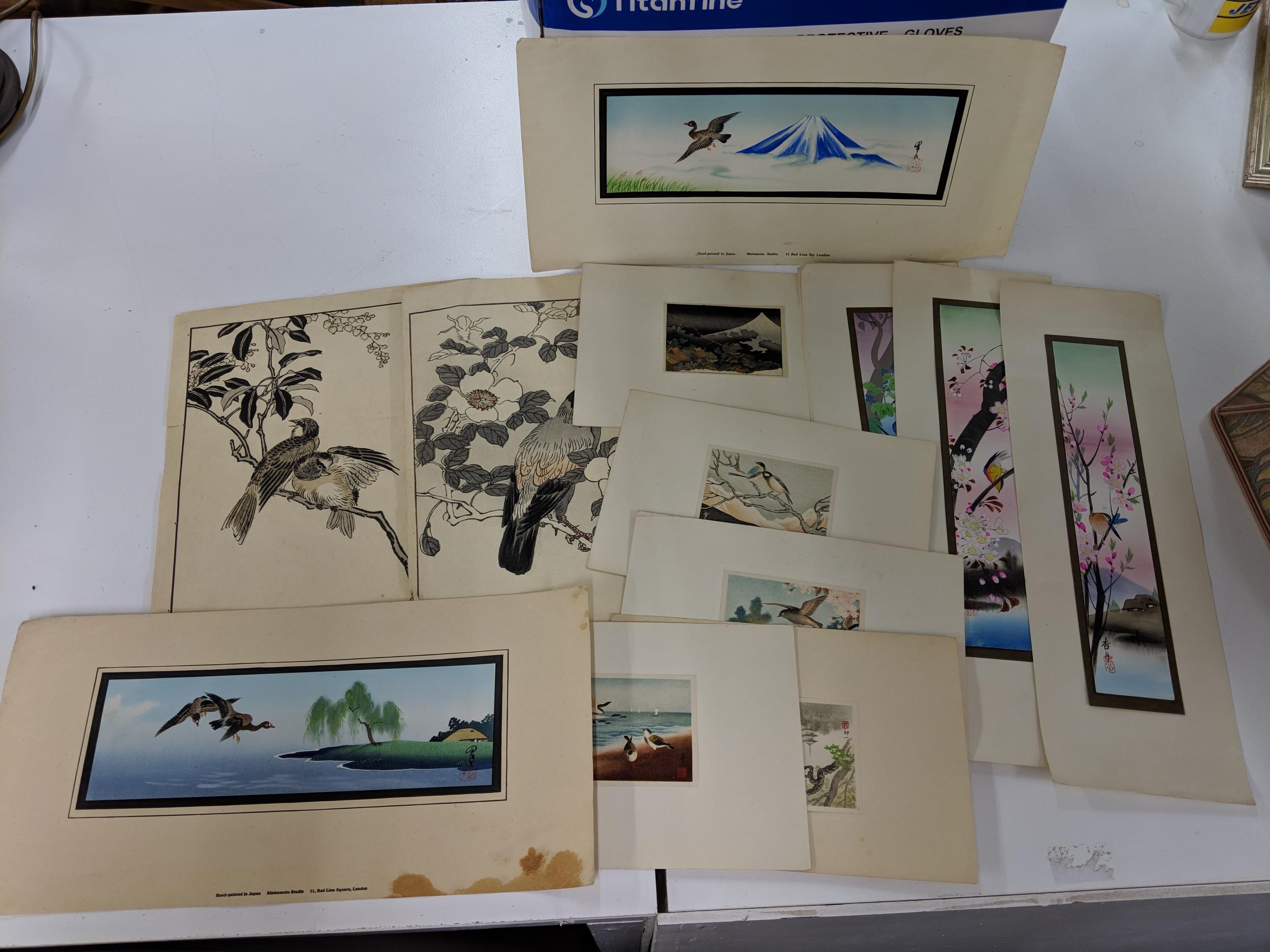 Twelve unframed oriental artists, one of a landscape and eleven depicting birds, and an Location: